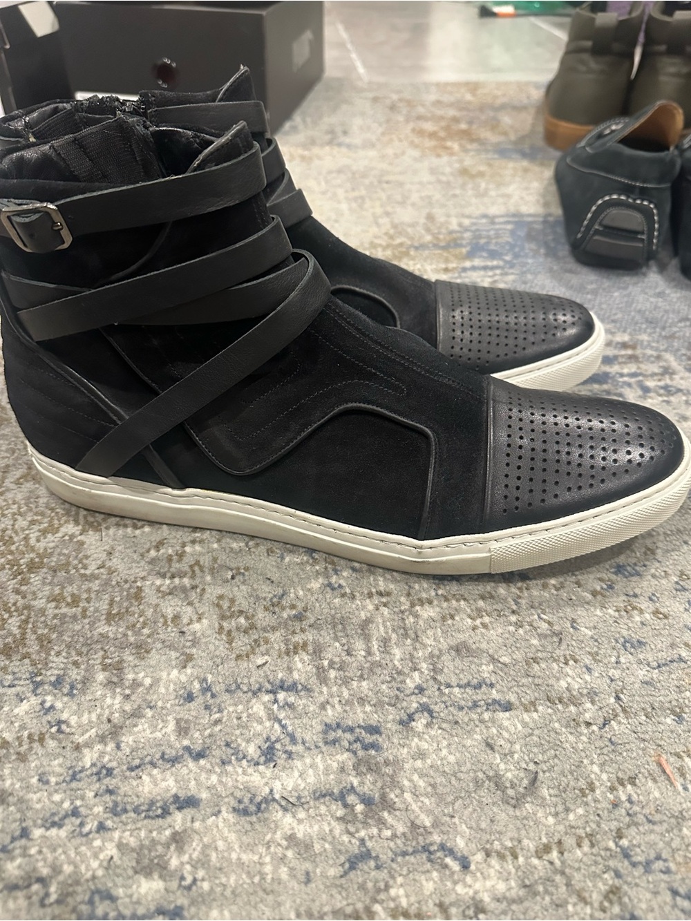 Men's Black High-Top Strap Sneakers with Perforated Toe